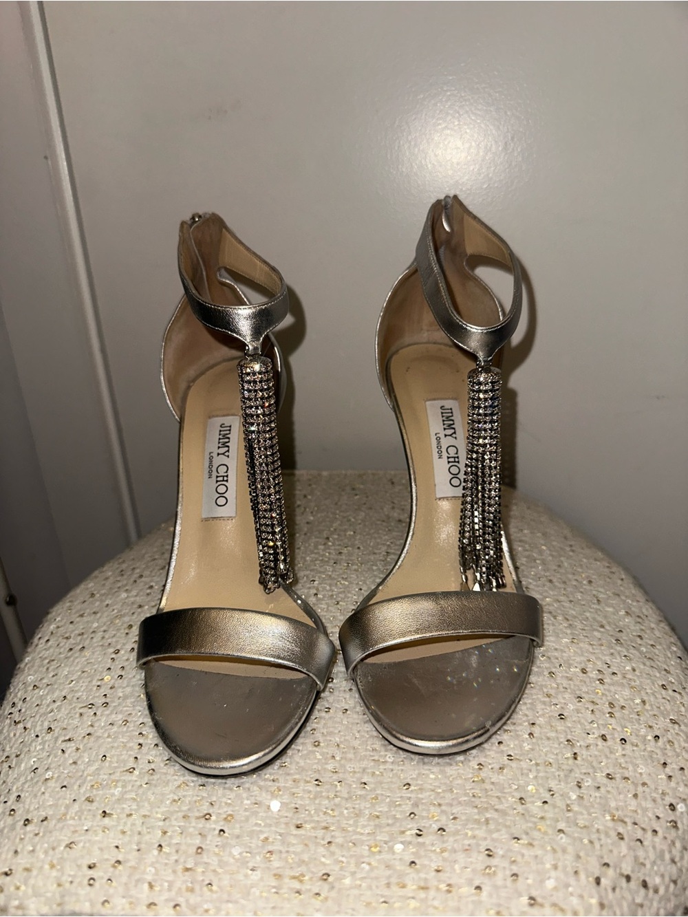 Jimmy Choo Silver Viola Metallic T-Strap Evening Sandals Size 38